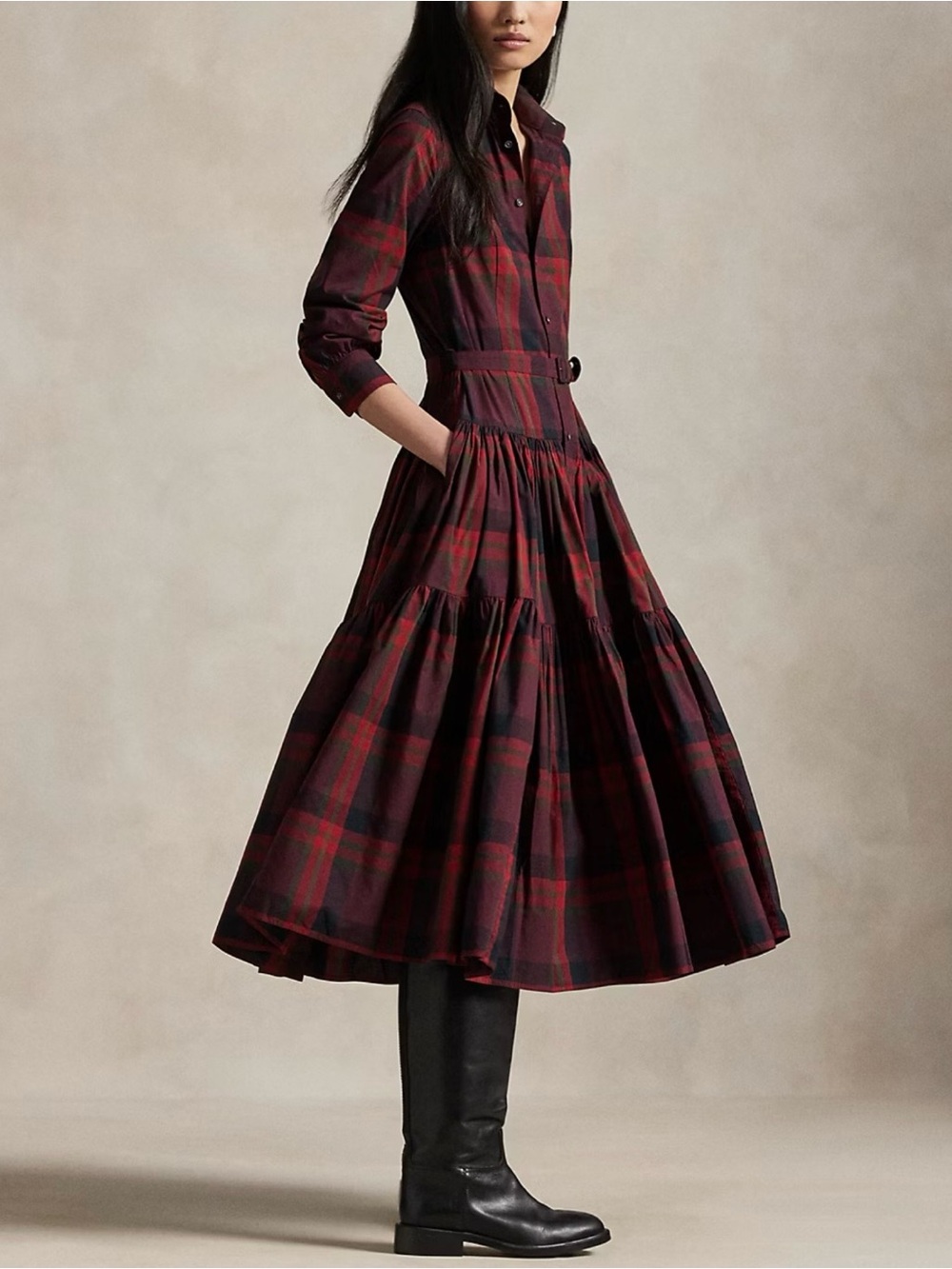Polo Ralph Lauren Belted Plaid Tiered Shirt Dress Red Size 12 Classic Preppy